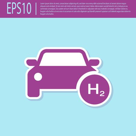 Retro purple Hydrogen car icon isolated on turquoise background. H2 station sign. Hydrogen fuel cell car eco environment friendly zero emission. Vector Illustrationのイラスト素材