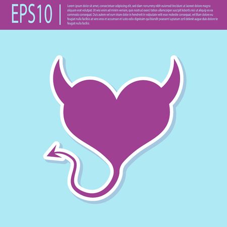 Retro purple Devil heart with horns and a tail icon isolated on turquoise background. Valentines Day symbol. Vector Illustrationのイラスト素材