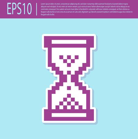 Retro purple Hourglass pixel with flowing sand icon isolated on turquoise background. Sand clock sign. Business and time management concept. Vector Illustrationのイラスト素材
