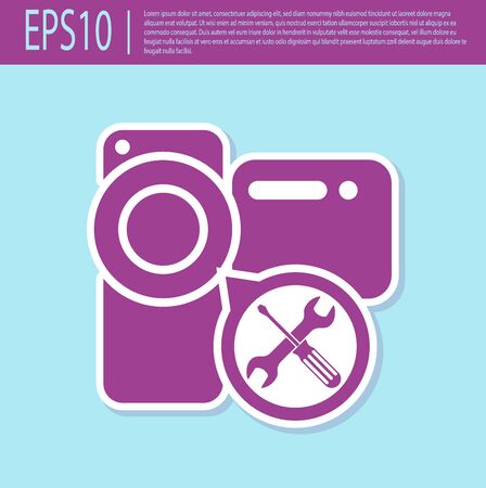 Retro purple Video camera with screwdriver and wrench icon isolated on turquoise background. Adjusting, service, setting, maintenance, repair, fixing. Vector Illustrationのイラスト素材
