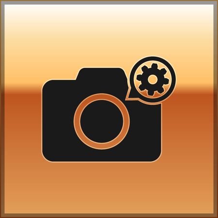 Black Photo camera and gear icon isolated on gold background. Adjusting app, service concept, setting options, maintenance, repair, fixing. Vector Illustrationのイラスト素材