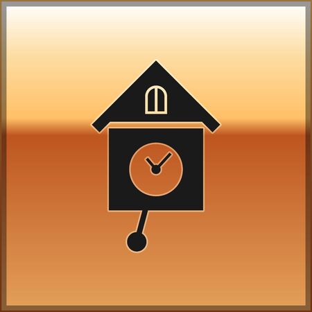 Black Retro wall watch icon isolated on gold background. Cuckoo clock sign. Antique pendulum clock. Vector Illustrationのイラスト素材
