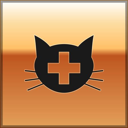Black Veterinary clinic symbol icon isolated on gold background. Cross with cat veterinary care. Pet First Aid sign. Vector Illustrationのイラスト素材