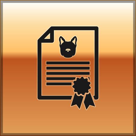Black Medical certificate for travel with dog or cat icon isolated on gold background. Document for pet. Dog or cat paw print. Vector Illustrationのイラスト素材