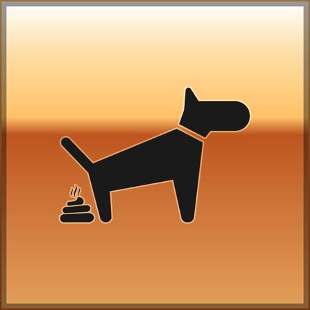 Black Dog pooping icon isolated on gold background. Dog goes to the toilet. Dog defecates. The concept of place for walking pets. Vector Illustrationのイラスト素材