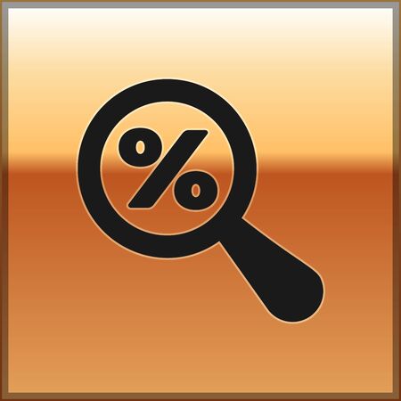 Black Magnifying glass with percent discount icon isolated on gold background. Discount offers searching. Search for discount sale sign. Vector Illustrationのイラスト素材