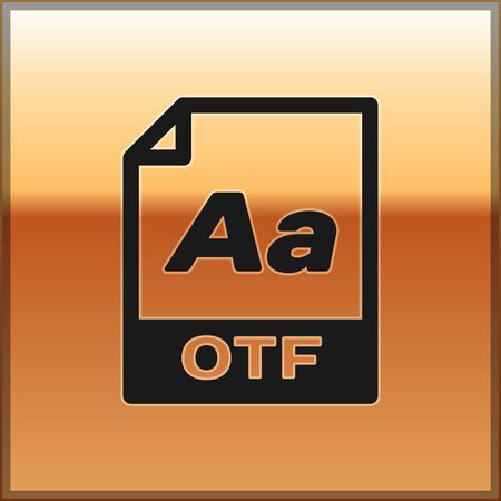 Black OTF file document icon. Download otf button icon isolated on gold background. OTF file symbol. Vector Illustrationのイラスト素材