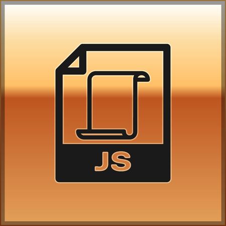 Black JS file document icon. Download js button icon isolated on gold background. JS file symbol. Vector Illustrationのイラスト素材