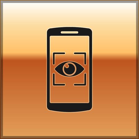 Black Mobile phone and eye scan icon isolated on gold background. Scanning eye. Security check symbol. Cyber eye sign. Vector Illustrationのイラスト素材
