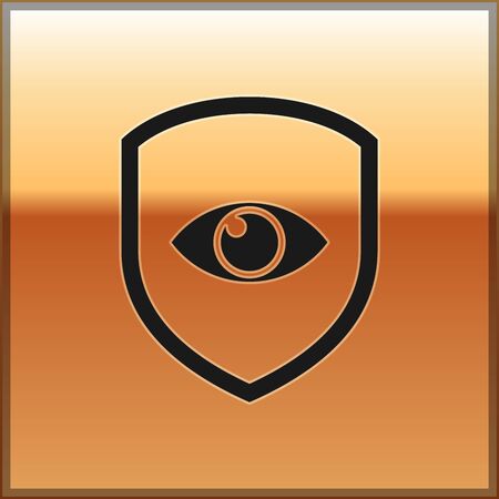 Black Shield and eye icon isolated on gold background. Security, safety, protection, privacy concept. Vector Illustrationのイラスト素材