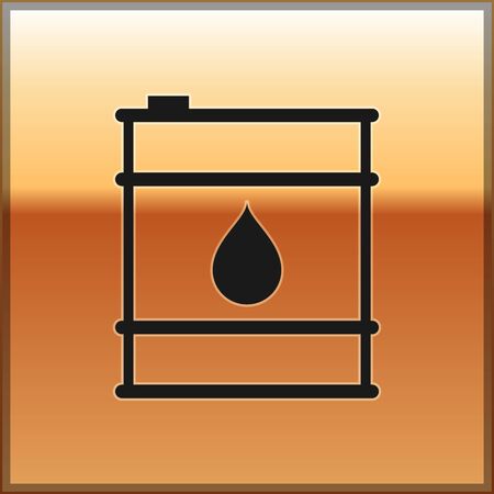 Black Oil barrel line icon isolated on gold background. Oil drum container. For infographics, fuel, industry, power, ecology. Vector Illustrationのイラスト素材