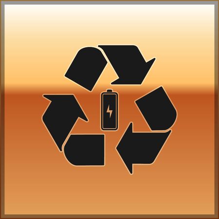 Black Battery with recycle symbol line icon isolated on gold background. Battery with recycling symbol - renewable energy concept. Vector Illustrationのイラスト素材