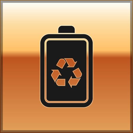 Black Battery with recycle symbol line icon isolated on gold background. Battery with recycling symbol - renewable energy concept. Vector Illustrationのイラスト素材