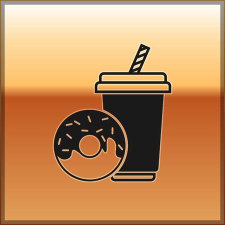 Black Soda drink with drinking straw and donut icon isolated on gold background. Fast food symbol. Vector Illustrationのイラスト素材