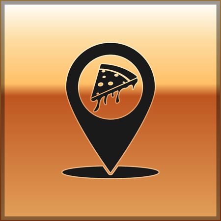Black Map pointer with fast food slice pizza icon isolated on gold background. Pizzeria location icon. Pizza cafe and restaurant marker. Vector Illustrationのイラスト素材