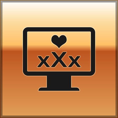 Black Computer monitor with 18 plus content heart icon isolated on gold background. Age restriction symbol. XXX content sign. Adult channel. Vector Illustrationのイラスト素材