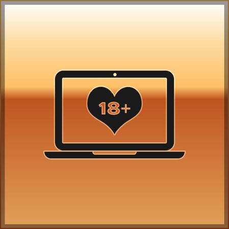 Black Laptop computer with 18 plus content heart icon isolated on gold background. Age restriction symbol. 18 plus content sign. Adult channel. Vector Illustrationのイラスト素材