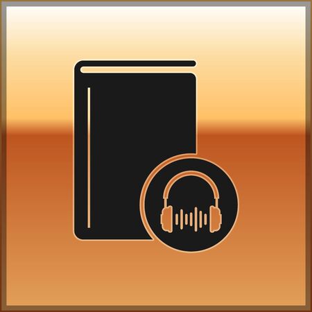 Black Audio book icon isolated on gold background. Book with headphones. Audio guide sign. Online learning concept. Vector Illustrationのイラスト素材