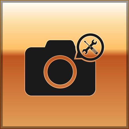 Black Photo camera with screwdriver and wrench icon isolated on gold background. Adjusting, service, setting, maintenance, repair, fixing. Vector Illustrationのイラスト素材