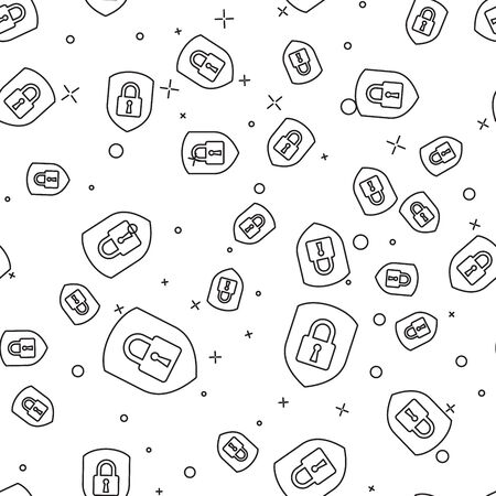 Black Shield security with lock icon isolated seamless pattern on white background. Protection, safety, password security. Firewall access privacy sign. Vector Illustrationのイラスト素材