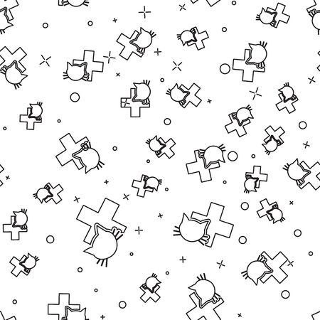 Black Veterinary clinic symbol icon isolated seamless pattern on white background. Cross with cat veterinary care. Pet First Aid sign. Vector Illustrationのイラスト素材