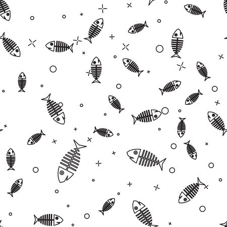 Black Fish skeleton icon isolated seamless pattern on white background. Fish bone sign. Vector Illustrationのイラスト素材