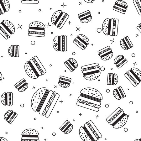 Black Burger line icon isolated seamless pattern on white background. Hamburger icon. Cheeseburger sandwich sign. Vector Illustrationのイラスト素材