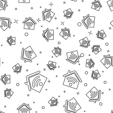 Black Smart home with wi-fi line icon isolated seamless pattern on white background. Remote control. Vector Illustrationのイラスト素材
