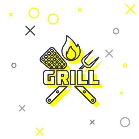 Grey Crossed fork and spatula line icon isolated on white background. Fire flame sign. BBQ fork and spatula sign. Barbecue and grill tools. Vector Illustrationのイラスト素材