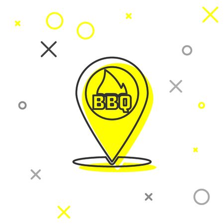 Grey Map pointer with barbecue line icon isolated on white background. Fire flame icon. Barbecue and BBQ grill symbol. Vector Illustrationのイラスト素材