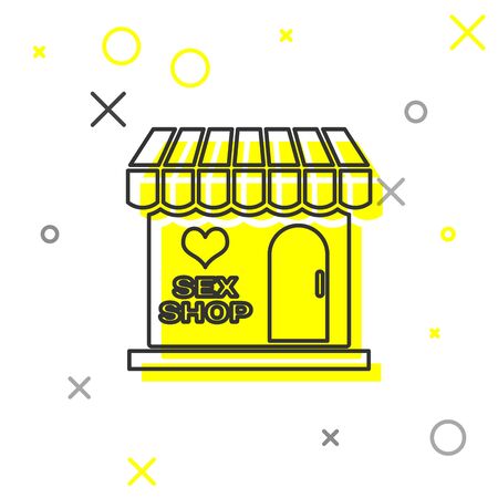 Grey line Sex shop building with striped awning icon isolated on white background. Sex shop, online sex store, adult erotic products concept. Vector Illustrationのイラスト素材