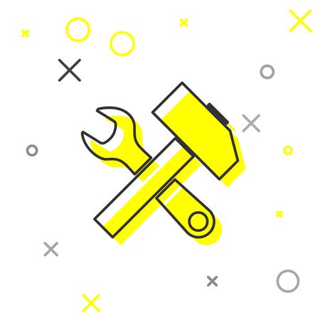 Grey line Crossed hammer and wrench icon isolated on white background. Hardware tools. Vector Illustrationのイラスト素材