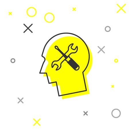 Grey line Human head with with screwdriver and wrench icon isolated on white background. Artificial intelligence. Symbol work of brain. Vector Illustrationのイラスト素材