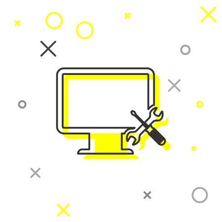 Grey line Computer monitor with screwdriver and wrench icon isolated on white background. Adjusting, service, setting, maintenance, repair, fixing. Vector Illustrationのイラスト素材