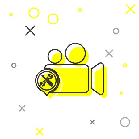 Grey line Video camera with screwdriver and wrench icon isolated on white background. Adjusting, service, setting, maintenance, repair, fixing. Vector Illustrationのイラスト素材