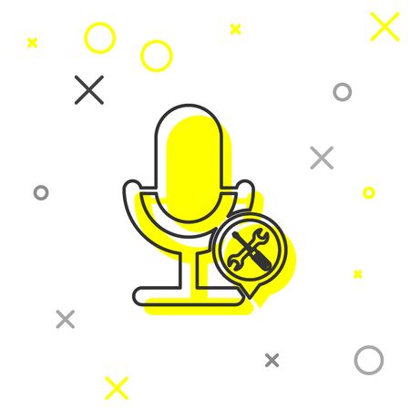 Grey line Microphone with screwdriver and wrench icon isolated on white background. Adjusting, service, setting, maintenance, repair, fixing. Vector Illustrationのイラスト素材