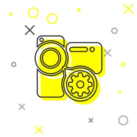 Grey Video camera and gear line icon isolated on white background. Adjusting app, service concept, setting options, maintenance, repair, fixing. Vector Illustrationのイラスト素材
