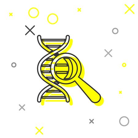 Grey DNA research, search line icon isolated on white background. Magnifying glass and dna chain. Genetic engineering, cloning, paternity testing. Vector Illustrationのイラスト素材