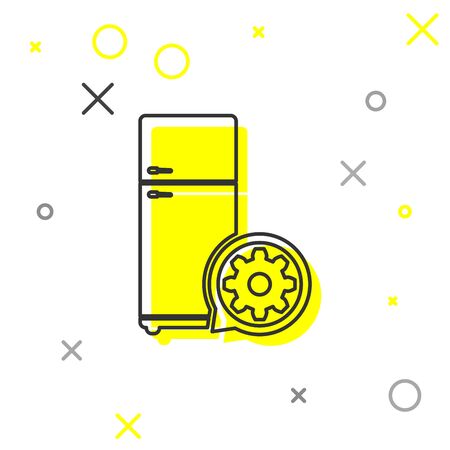 Grey Refrigerator and gear line icon isolated on white background. Adjusting app, service concept, setting options, maintenance, repair, fixing. Vector Illustrationのイラスト素材