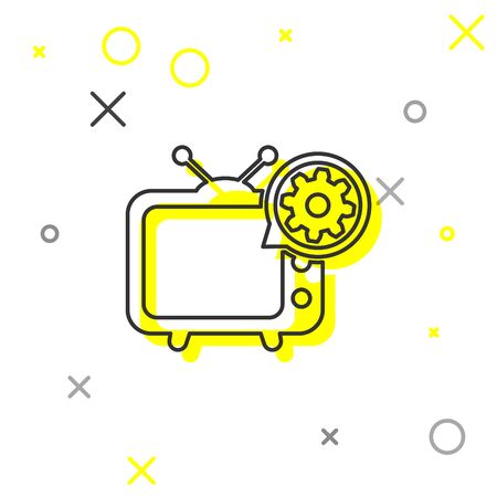 Grey Tv and gear line icon isolated on white background. Television service concept. Adjusting app, setting options, maintenance, repair, fixing. Vector Illustrationのイラスト素材