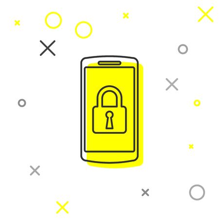Grey Smartphone with closed padlock line icon isolated on white background. Phone with lock. Mobile security, safety, protection concept. Vector Illustrationのイラスト素材