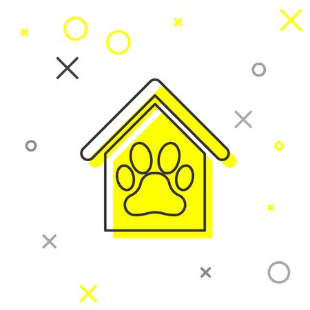 Grey Dog house and paw print pet line icon isolated on white background. Dog kennel. Vector Illustrationのイラスト素材