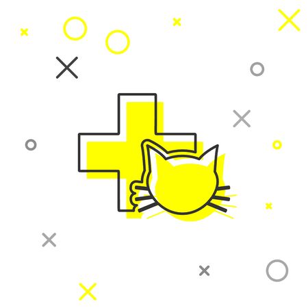 Grey Veterinary clinic symbol line icon isolated on white background. Cross with cat veterinary care. Pet First Aid sign. Vector Illustrationのイラスト素材