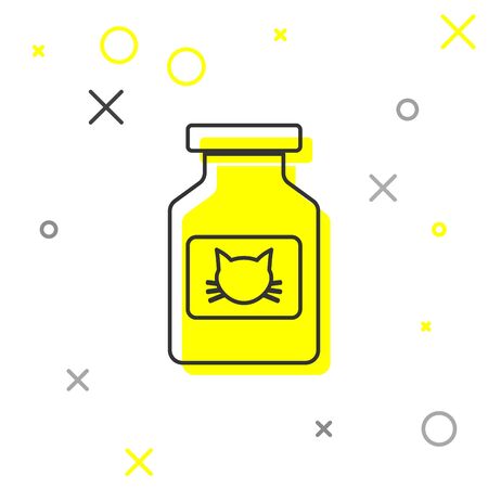 Grey Cat medicine bottle line icon isolated on white background. Container with pills. Prescription medicine for animal. Vector Illustrationのイラスト素材
