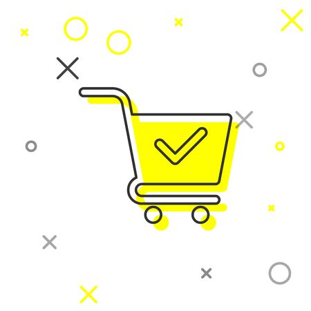 Grey Shopping cart with check mark line icon isolated on white background. Supermarket basket with approved, confirm, done, tick, completed symbol. Vector Illustrationのイラスト素材