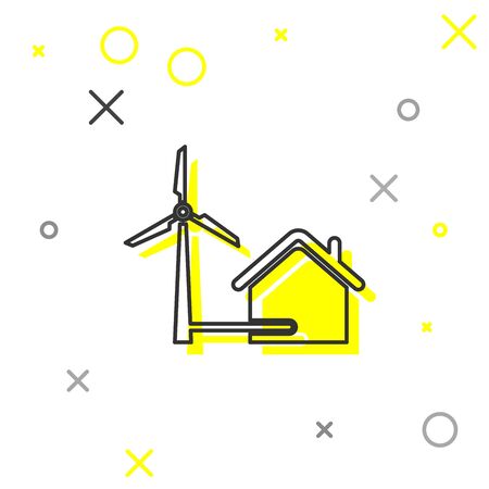 Grey House with wind turbine for electric energy generation line icon isolated on white background. Eco-friendly house. Environmental Protection. Vector Illustrationのイラスト素材