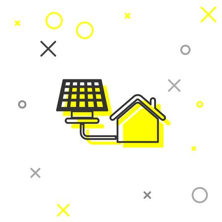 Grey House with solar panel line icon isolated on white background. Ecology, solar renewable energy. Eco-friendly house. Environmental Protection. Vector Illustrationのイラスト素材