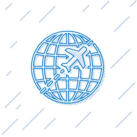 Blue Globe with flying plane line icon isolated on white background. Airplane fly around the planet earth. Aircraft world icon. Vector Illustrationのイラスト素材