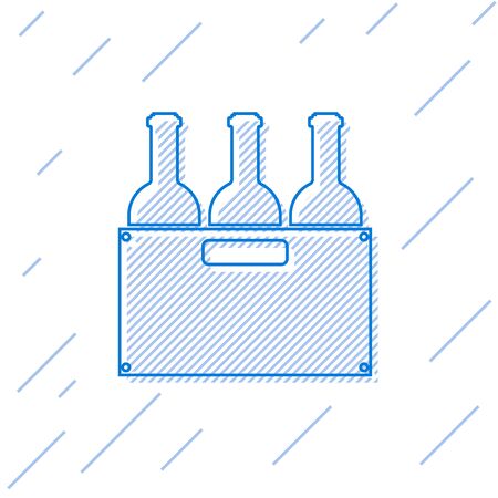 Blue Bottles of wine in a wooden box line icon isolated on white background. Wine bottles in a wooden crate icon. Vector Illustrationのイラスト素材