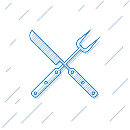 Blue Crossed knife and spatula line icon isolated on white background. BBQ knife and spatula sign. Barbecue and grill tools. Vector Illustrationのイラスト素材